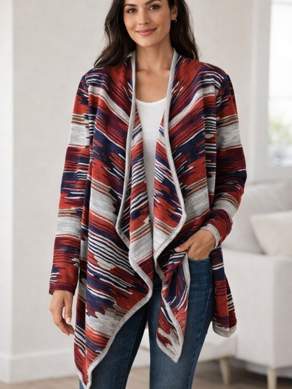 Lucky Brand Draped Open-Front Cardigan in Rust, Navy & Gray Pattern
